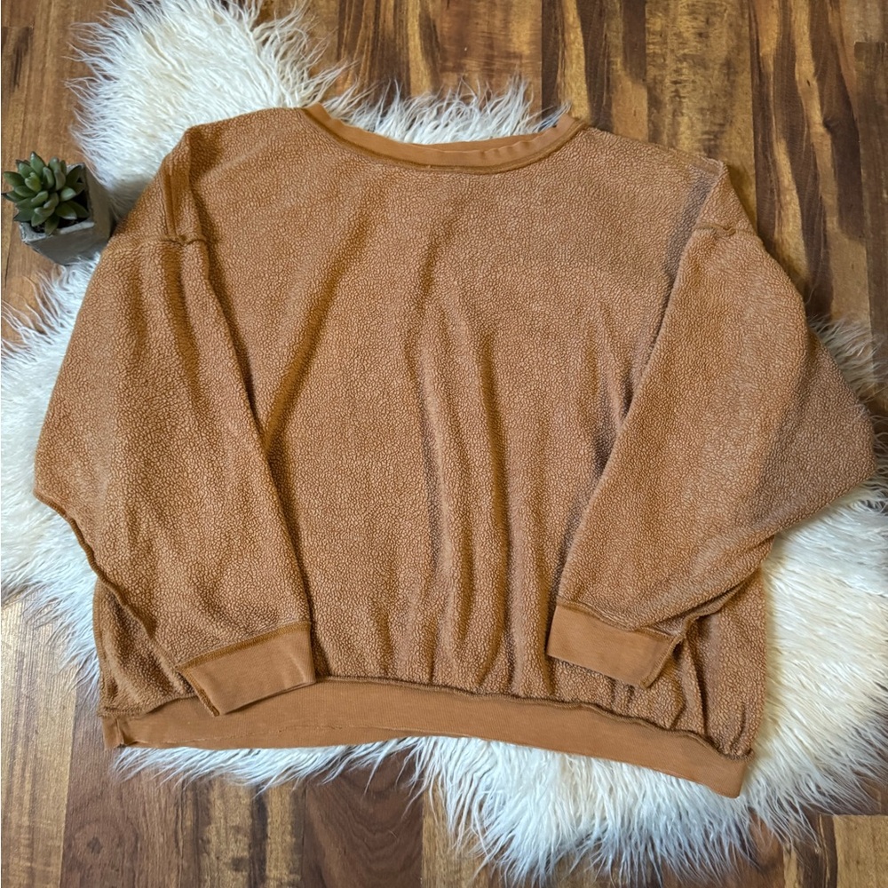 Free People Oversized Distressed Crewneck Sweatshirt Camel Brown